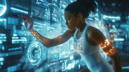 Futuristic Athlete Interacting with Digital Interface