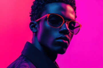 A striking portrait of a confident individual with neon red glasses contrasting against a vivid magenta backdrop. 