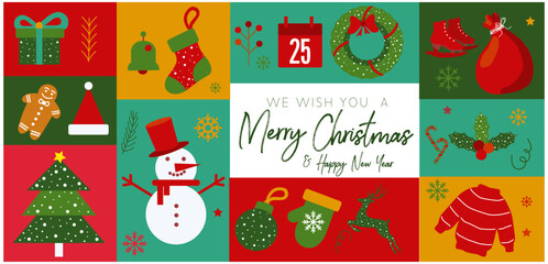 christmas icon Color full element ornament with santa cap, reindeer, gift, christmas tree, snowflake, sock, snowman. stock illustration.Christmas vector poster modern icon element