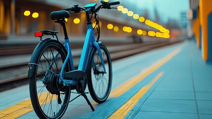 A close-up view of a blue electric bike charging at an urban station in the afternoon light showcasing vibrant textures and details