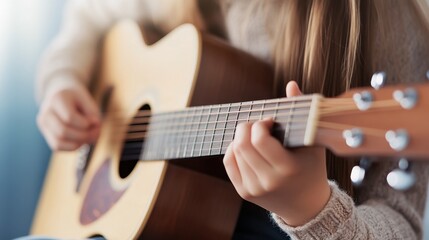 Obraz premium A person strums an acoustic guitar, showcasing their fingers on the strings, emphasizing a cozy, musical atmosphere.