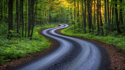 Obraz premium Winding Narrow Road Through a Dense Forest Surrounded by Lush Greenery and Soft Golden Light of Sunset Illuminating the Scenic Pathway