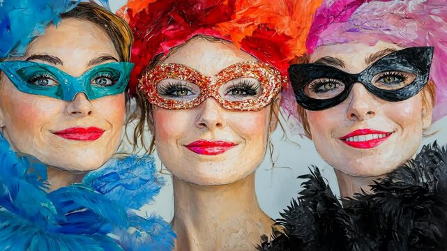 Three women wearing colorful masks and feather boas smile for the camera during a carnival celebration