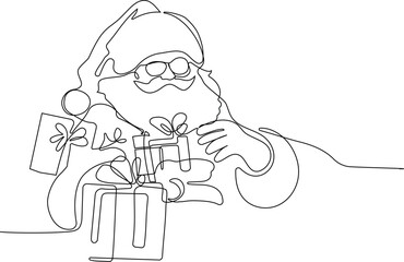 Character With A Sack Full Of Gifts. Vector Hand Drawn Illustration. One continuous line drawing Santa Claus on reindeer and sled. concept for Christmas and New Year
