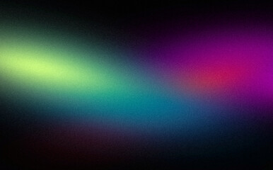 Dark glowing color wave grainy backdrop design. Abstract magenta purple blue green black color on dark, wave shaped, vibrant color flow, curved gradient, noise texture background, empty space
