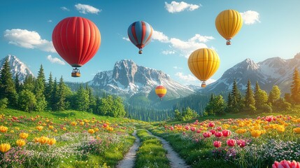 Fototapeta premium Hot air balloons float over a vibrant flower-filled valley, with majestic mountains in the background, creating a picturesque landscape.