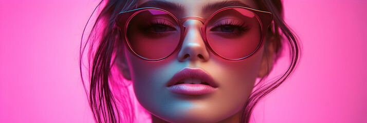 Obraz premium Closeup Portrait of Woman Wearing Pink Sunglasses Against a Pink Background