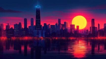 Obraz premium A vibrant cityscape at sunset, featuring silhouetted skyscrapers against a colorful sky reflected in the water.