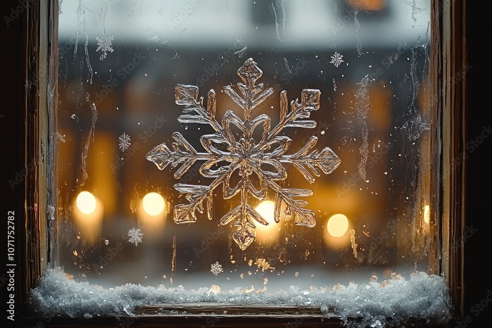 Poster frozen snowflake on a windowpane with blurry lights