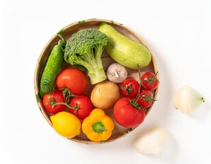 Fresh vegetables and fruits filling a round wicker basket on white background