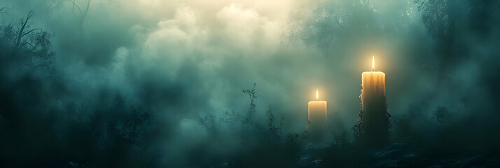 Two Candles Burning Brightly in a Mysterious Foggy Forest