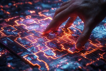 A Hand Interacting with Glowing Circuitry