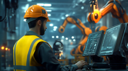 Engineer monitoring industrial robotic arms on computer screens in a high-tech manufacturing facility