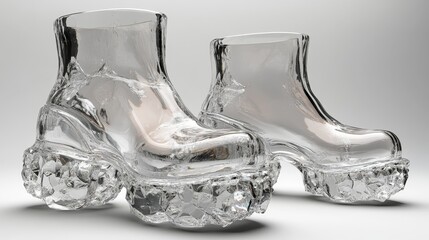 Crystal boots 3D rendering, detailed and shiny finish, background plain and opaque, clean minimalist style, focus on luxury and refinement, Photorealistic