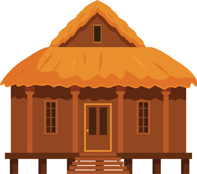 recommend clip art: Cozy tropical bungalow featuring a thatched roof, wooden stilts, and a welcoming entrance, perfect for a relaxing getaway
