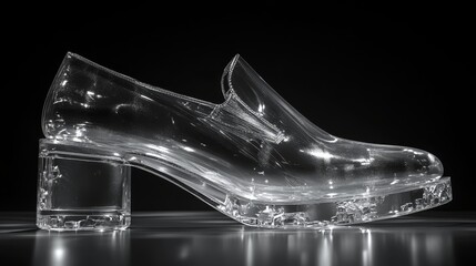 Crystal dress shoes, 3D model with clear and glossy finish, sleek lines, plain solid background, minimalist aesthetic with focus on luxury and refinement, Photorealistic