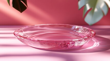 3D Crystal plate, smooth and shiny transparent surface, plain solid color background, minimalist dining style, Photorealistic