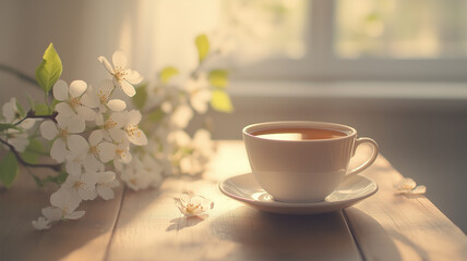 花とともに木製テーブルに置かれた温かいお茶