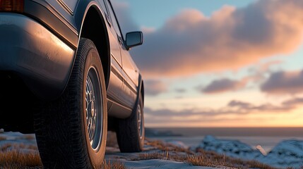 A vibrant red convertible rests by the beach boardwalk under midday sun, reflecting ocean hues in its glossy finish