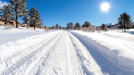 Obraz premium A serene winter landscape with a snow-covered road, bright sunlight, and trees lined along the path, inviting exploration and tranquility.