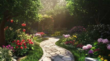 Fototapeta premium A serene garden path surrounded by vibrant flowers and lush greenery, inviting tranquility.