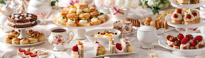 Obraz premium Exquisite High Tea Delights: Strawberry, Fruit, and Cream Tea Sandwiches on Fine China