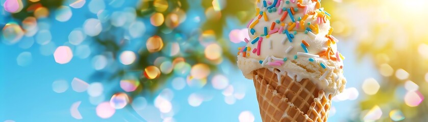 Fototapeta premium Sweet Summer Treat: Vanilla Ice Cream Cone with Sprinkles