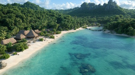 Top view of a coral reef system in the shallow water with a backdrop of forested hills and a small village with thatched roofs, Photorealistic