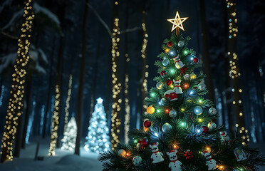 Beautiful Christmas tree in the night forest, decorated with glowing toys for the New Year holidays. Bright glow from the lights, close-up, photorealistic winter forest landscape.