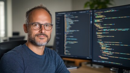 Close-up of a software developer coding, serious expression, screen with programming languages, office background softly blurred, Photorealistic