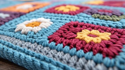 Colorful Crochet Blanket Texture Close up   Handmade Floral Pattern