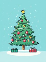 Fototapeta premium Minimalist line art illustration of a Christmas tree with ornaments, lights and gifts, perfect for holiday cards, social media, or website design.