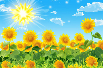 A vibrant sunflower field under a bright blue sky, with tall sunflowers reaching towards the sun.