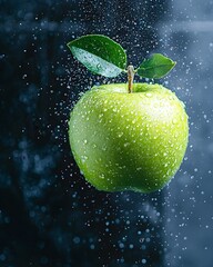 Fresh green apple with water droplets on a dark background