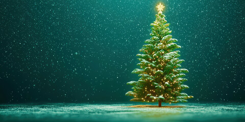 A Christmas tree is lit up with a star on top