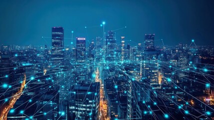 Fototapeta premium A futuristic cityscape illuminated by digital connections and data flow.