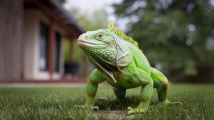 Fototapeta premium An iguana is walking on the lawn in front of the house. With a place to copy the text.