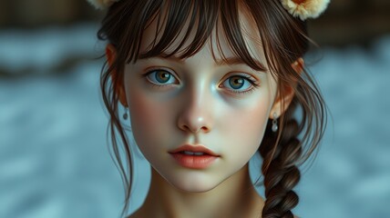 A young girl with a braid and a headband stares intensely at the camera