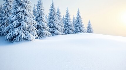 Snowy Forest Landscape with Sun Setting Behind Fir Trees