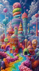 Fototapeta premium A whimsical candy-themed castle with vibrant colors and imaginative structures.