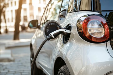 Modern electric car is charging from public station on a city street on a sunny day