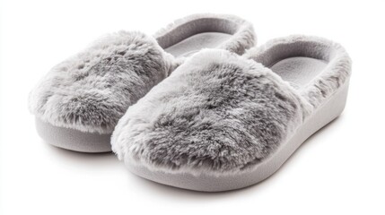 Comfortable house slippers in soft gray, isolated on white, representing cozy indoor style