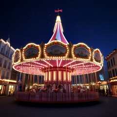 Illuminated carousel at night with people walking by in the background.