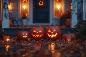 Obraz premium Carved pumpkins with glowing candles on outdoor wooden porch, surrounded by autumn leaves and soft night lights, creating a cozy Halloween atmosphere.