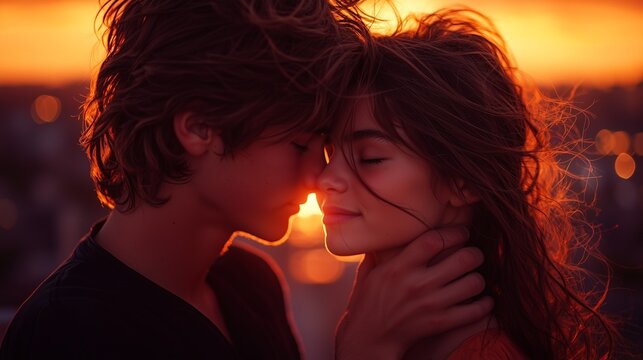 Close-up shot of teenagers' first kiss in the rays of the setting sun