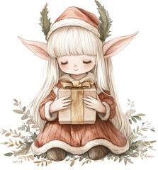 Fototapeta premium A cute girl elf holding a Christmas gift, illustrated in clip art style. Perfect for holiday cards, festive decorations, Christmas projects, and seasonal designs. 