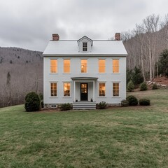 Obraz premium White farmhouse with lit windows on a grassy lawn, surrounded by trees and mountains in the background.