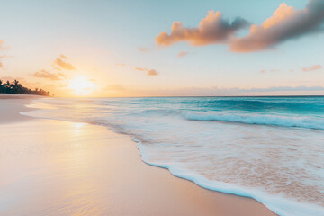 Beach at sunset with gentle waves lapping the shore. Generative AI