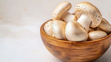 Fresh White Button Mushrooms in Wooden Bowl  Organic Produce  Kitchen Ingredient