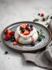 Delicious Pavlova meringue cake with fresh strawberry and whipped cream mascarpone with mint leaf